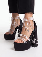 Y2K Punk Pearl Embellished Platform Heels - Gothic Cross Clear Strap Chunky High Heels - Styeenigma