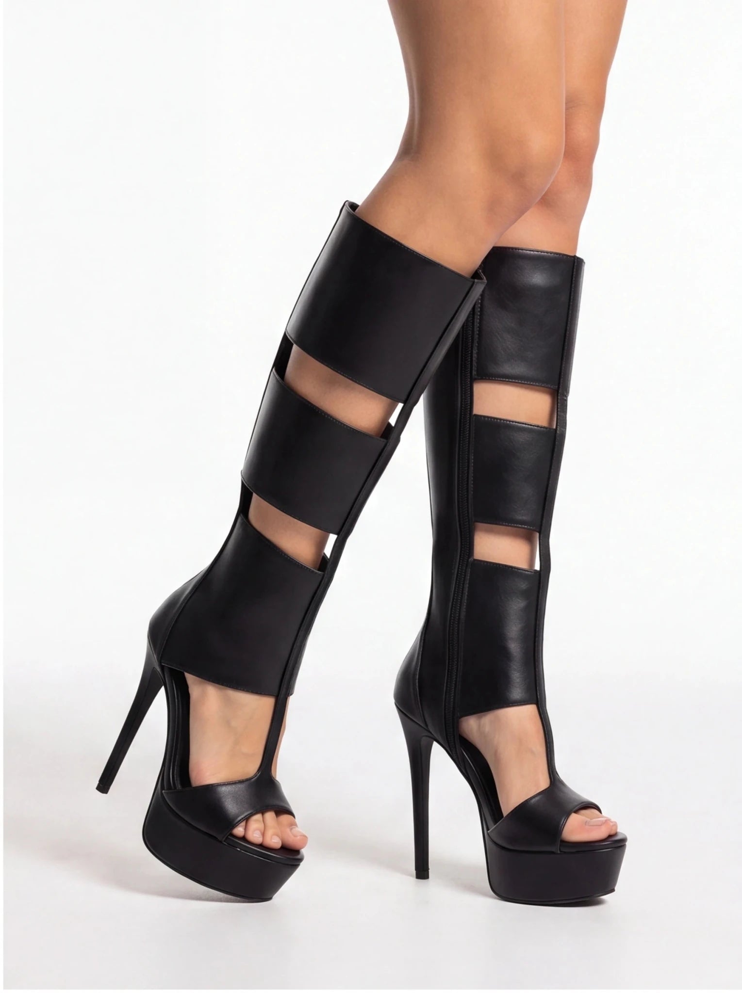 Women's Sexy Platform Stiletto Heel Sandals - Open Toe Cut Out Gladiator Knee High Boots - Styeenigma