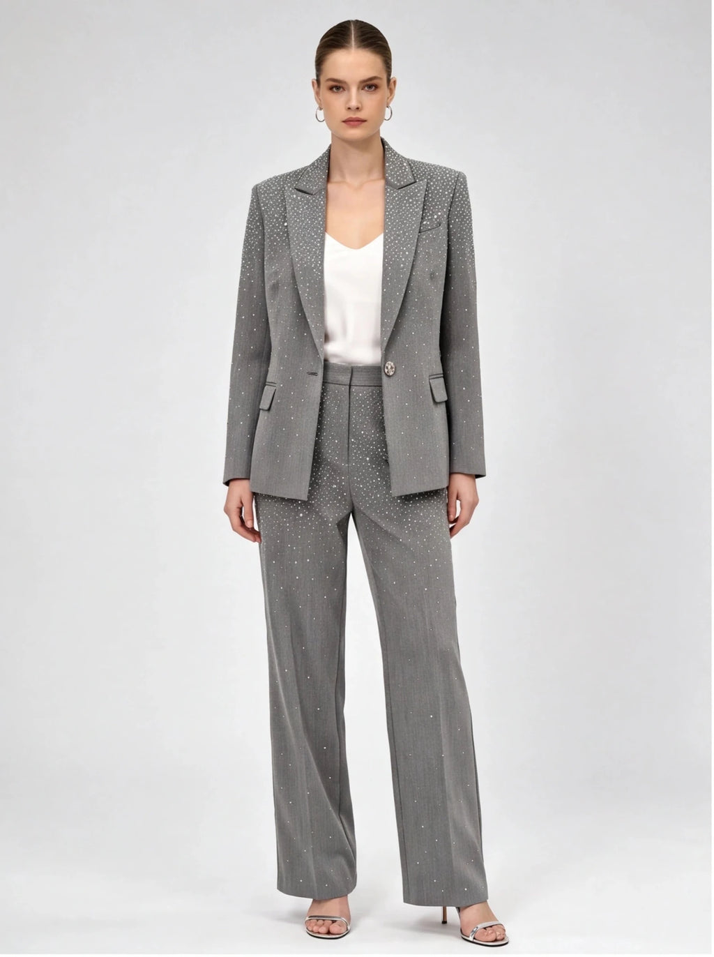 Women's Grey Sparkly Blazer Set - Rhinestone Embellished Suit with Wide Leg Pants for Evening Party - Styeenigma