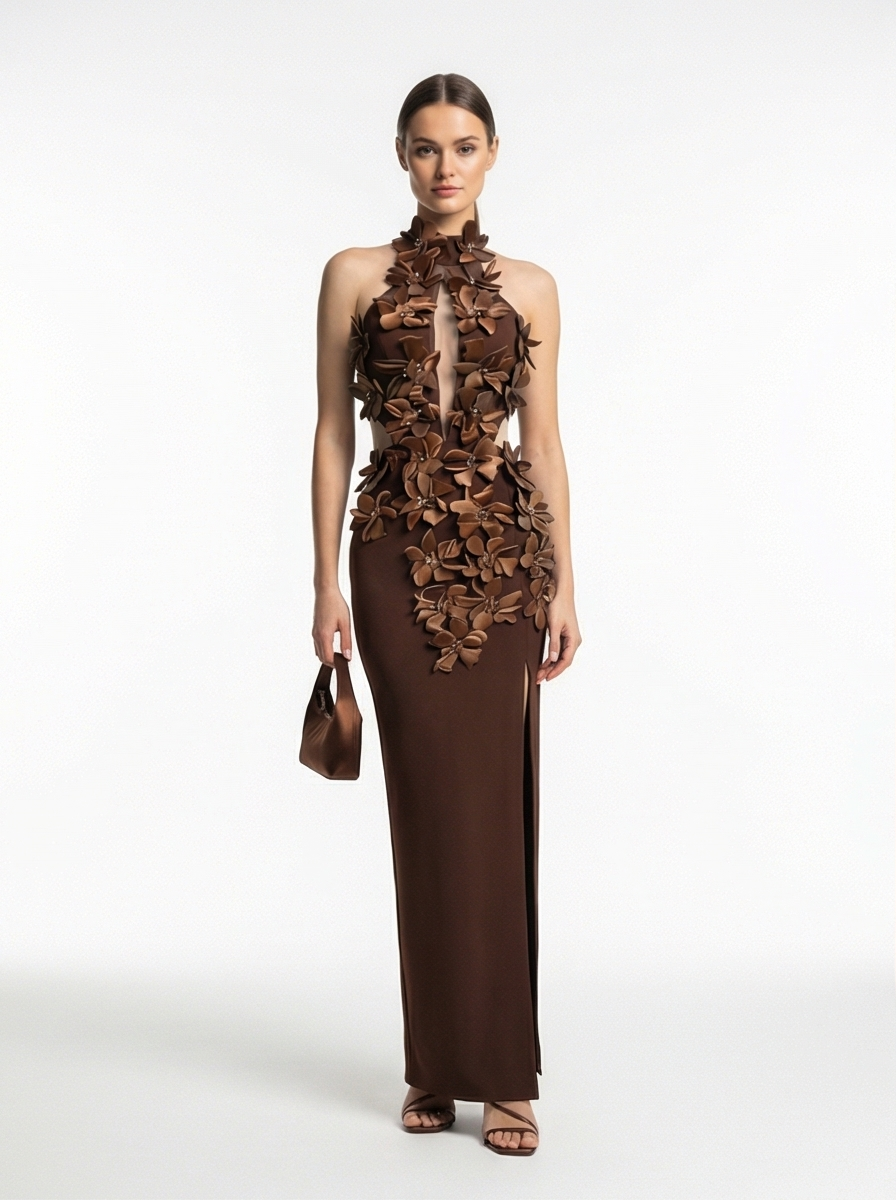 Woman wearing a brown floral dress on a white background
