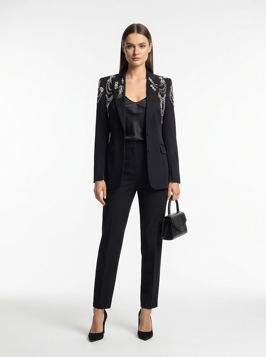 Woman wearing a black suit with floral embellishments on a white background