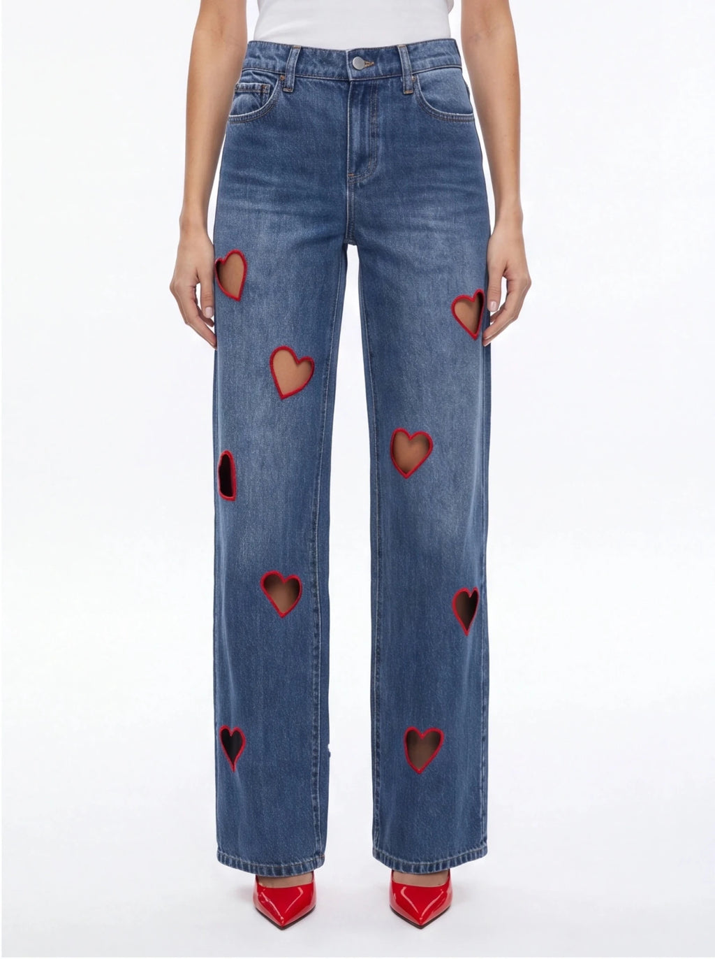 Straight-Leg High-Waist Denim Jeans – Hollow Heart Cut-Out Detail Pants - Styeenigma
