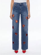 Straight-Leg High-Waist Denim Jeans – Hollow Heart Cut-Out Detail Pants - Styeenigma