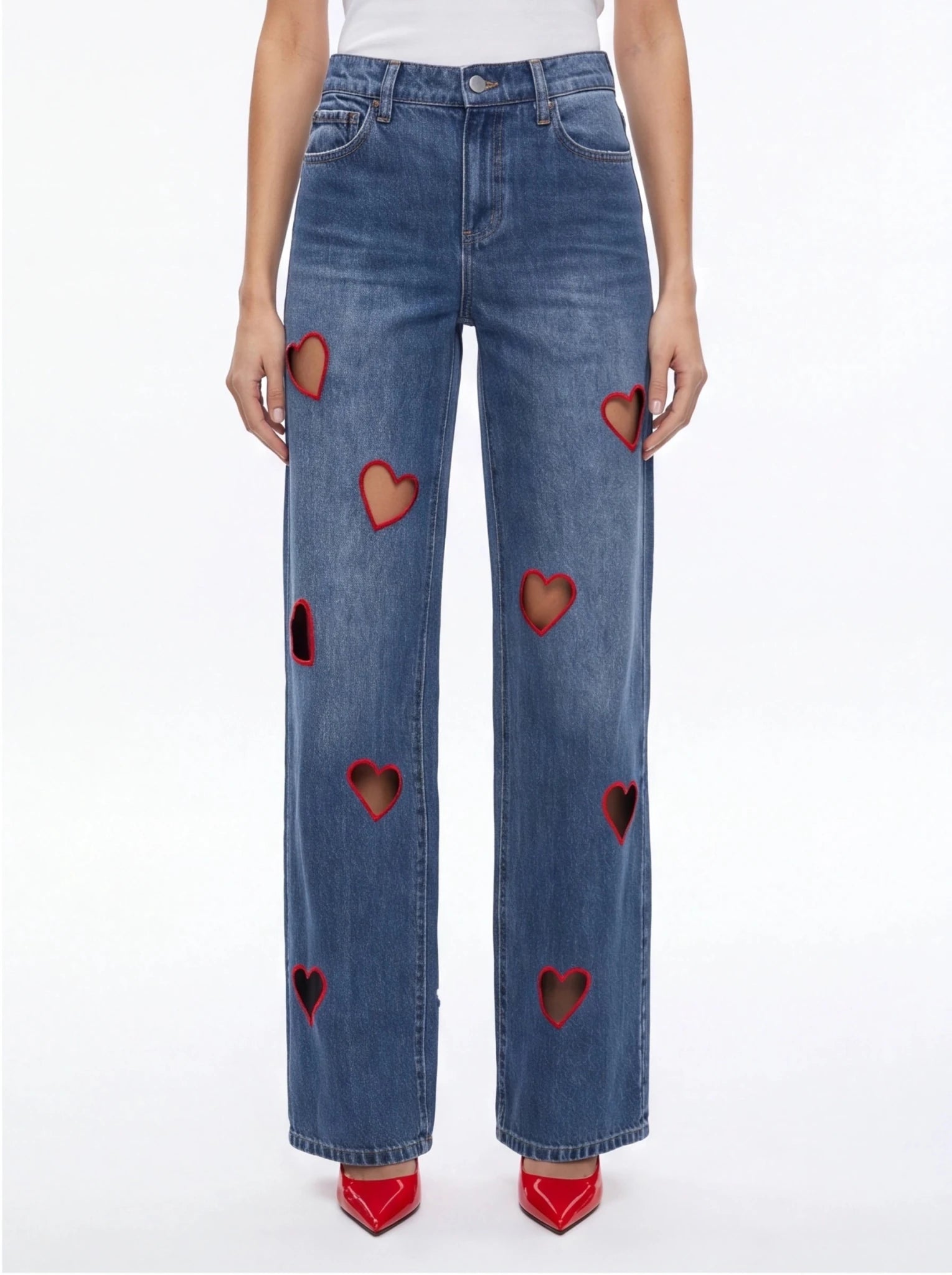 Straight-Leg High-Waist Denim Jeans – Hollow Heart Cut-Out Detail Pants - Styeenigma