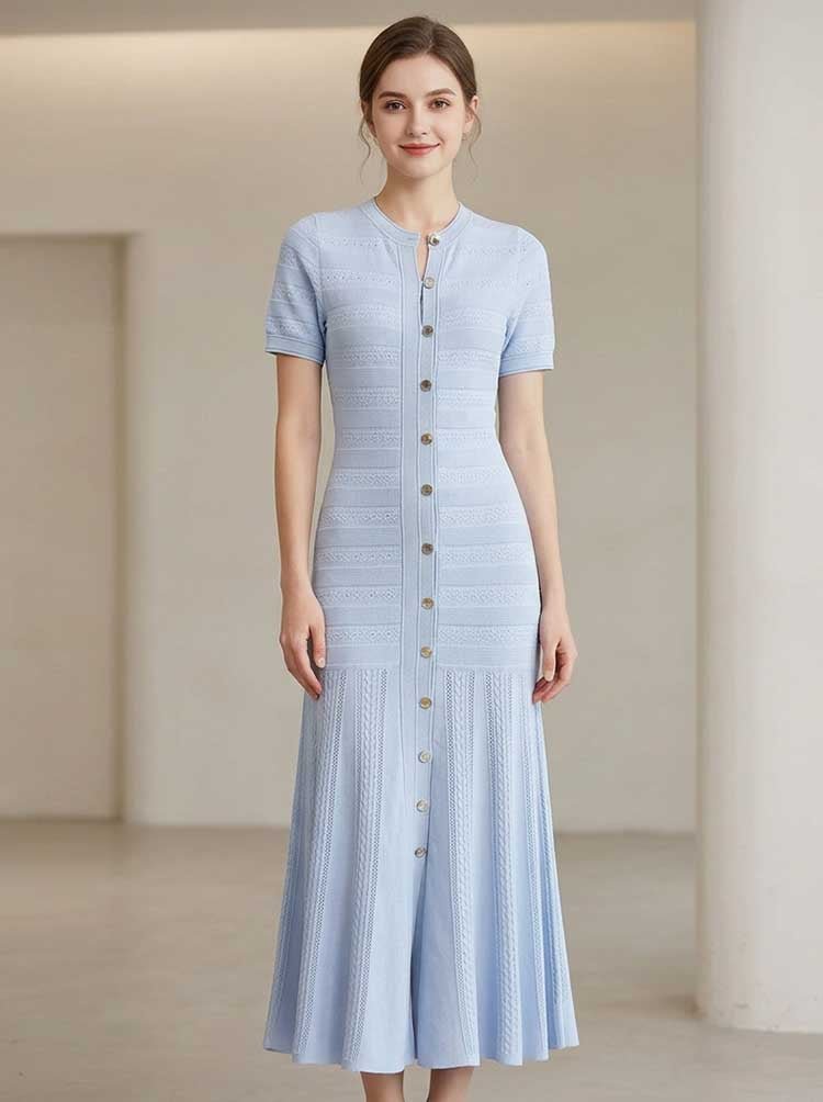 Light Blue Knit Maxi Dress Button Front Short Sleeve - Styeenigma