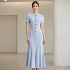 Light Blue Knit Maxi Dress Button Front Short Sleeve - Styeenigma