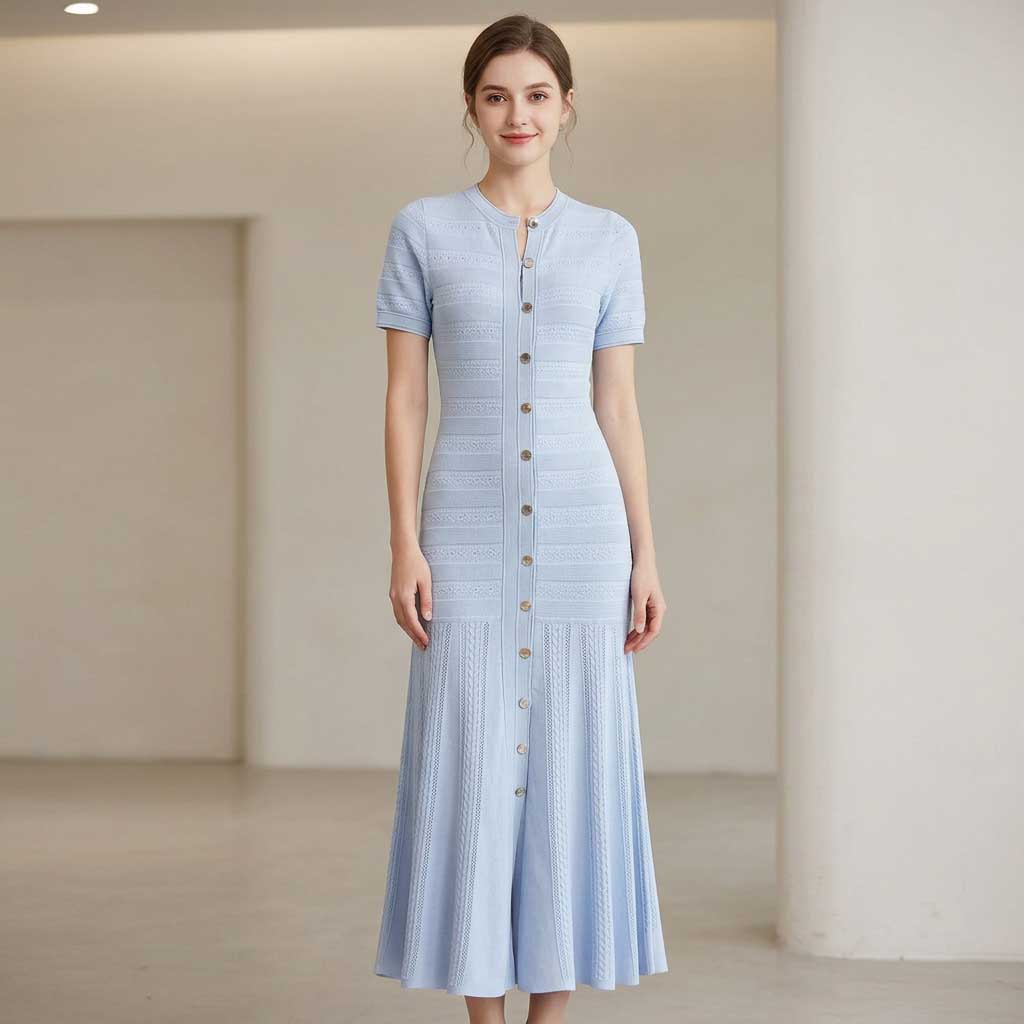Light Blue Knit Maxi Dress Button Front Short Sleeve - Styeenigma