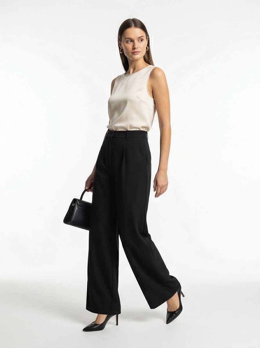 Woman wearing a white sleeveless top and black wide-leg pants on a white background