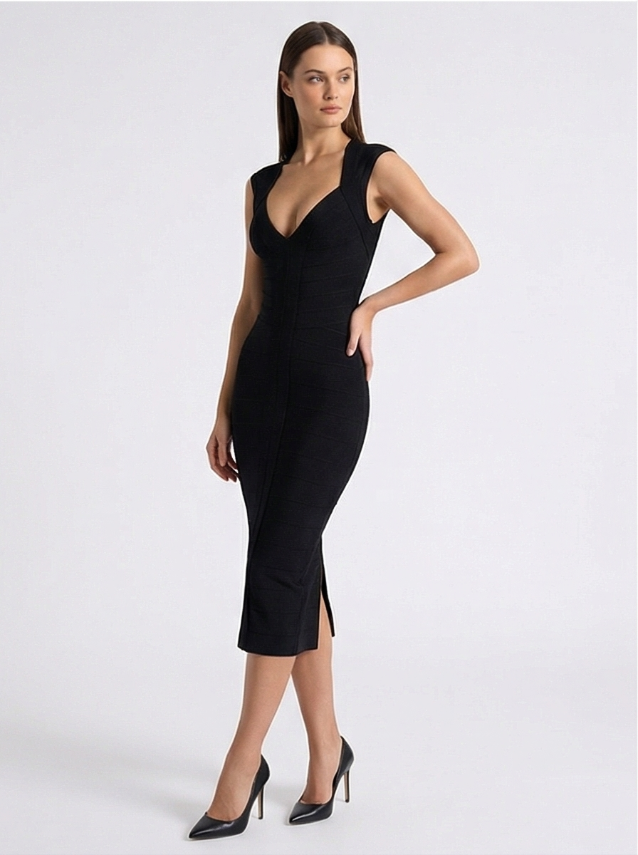 Woman wearing a black dress with a plunging neckline on a white background