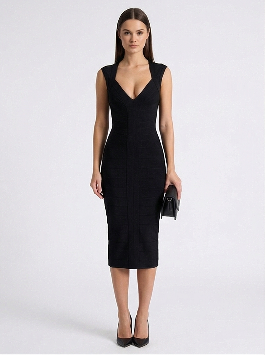 Woman wearing a black dress on a white background