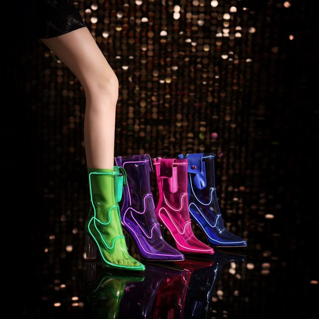 LED Light Up Cowboy Boots Transparent PVC Stiletto Heel Bootie | Neon Western - Styeenigma