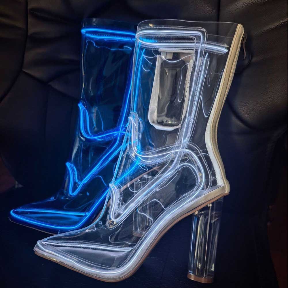 LED Light Up Cowboy Boots Transparent PVC Stiletto Heel Bootie | Neon Western - Styeenigma