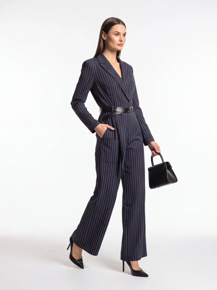 Women’s Navy Stripe Belted Jumpsuit Blazer Style Wide Leg Pants - Styeenigma