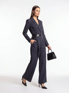 Women’s Navy Stripe Belted Jumpsuit Blazer Style Wide Leg Pants - Styeenigma