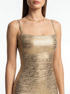 Gold metallic bodycon dress with square neck and spaghetti straps detail