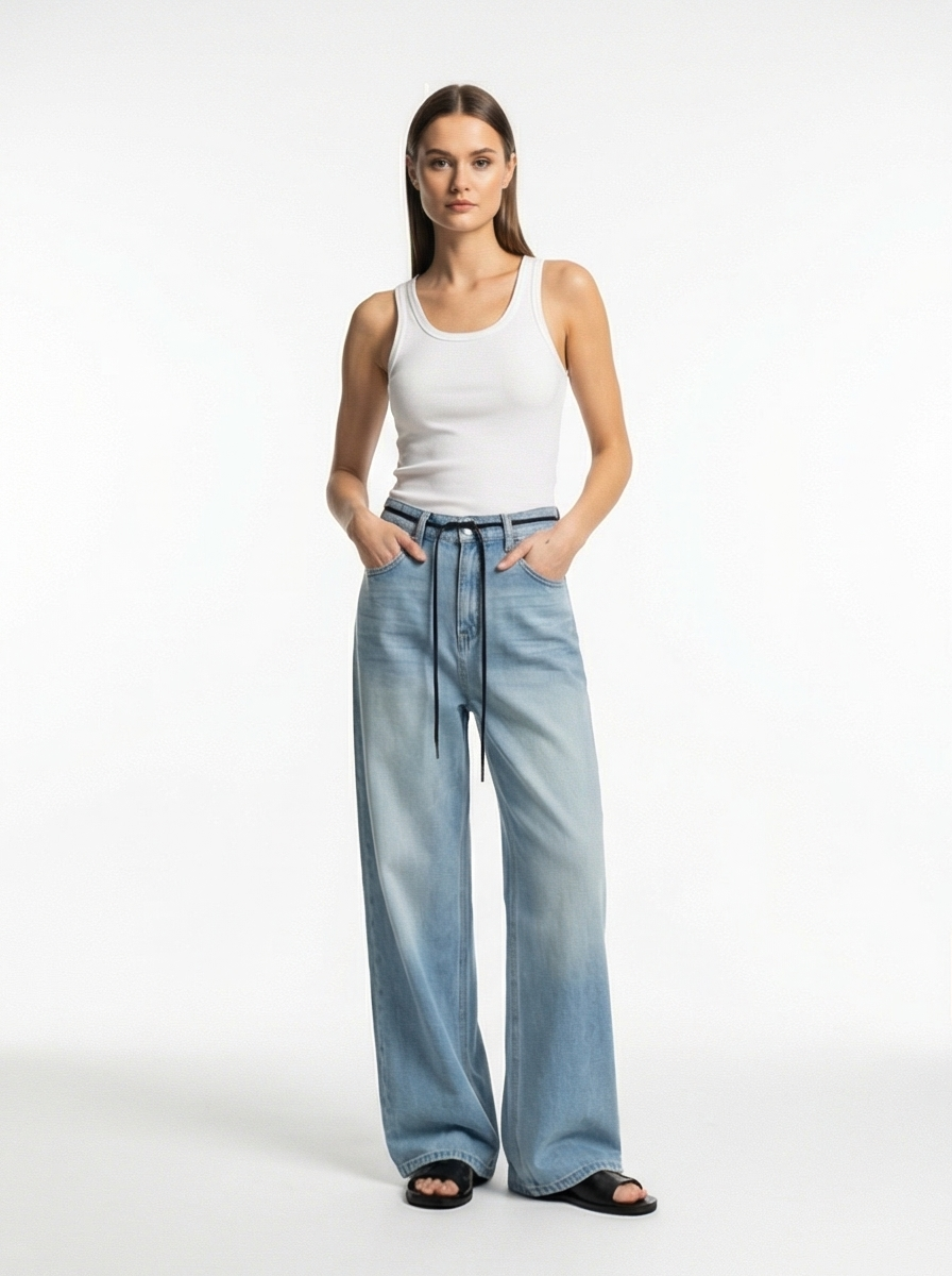 Oversized Wide-Leg Jeans – Light Blue Gradient, Drawstring Waist & Relaxed Fit
