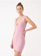 Bandage Bodycon Mini Dress – Deep V-Neck, Sleeveless, Ruched Textured Tight-Fit Party Dress - Styeenigma