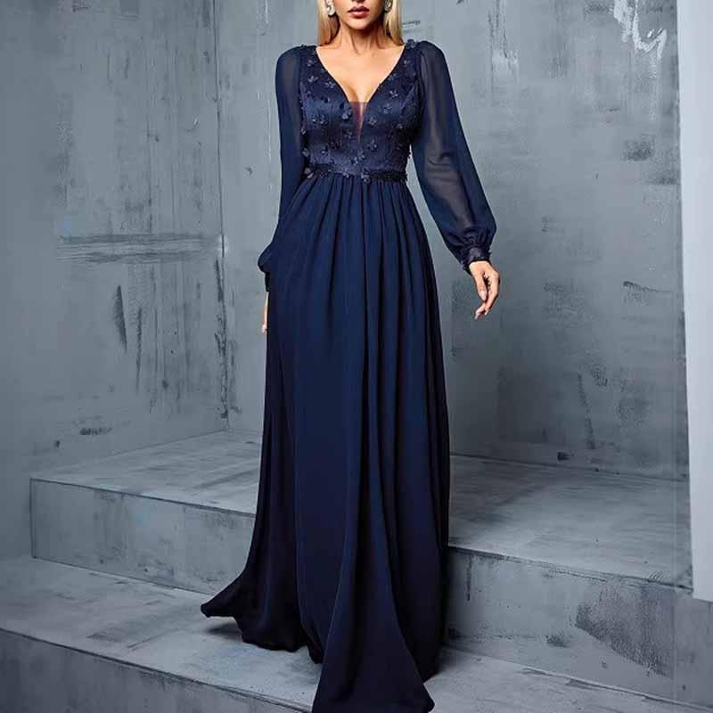 Navy Blue V Neck Applique Maxi Dress Long Puff Sleeve Wedding Guest - Styeenigma
