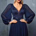 Navy Blue V Neck Applique Maxi Dress Long Puff Sleeve Wedding Guest - Styeenigma