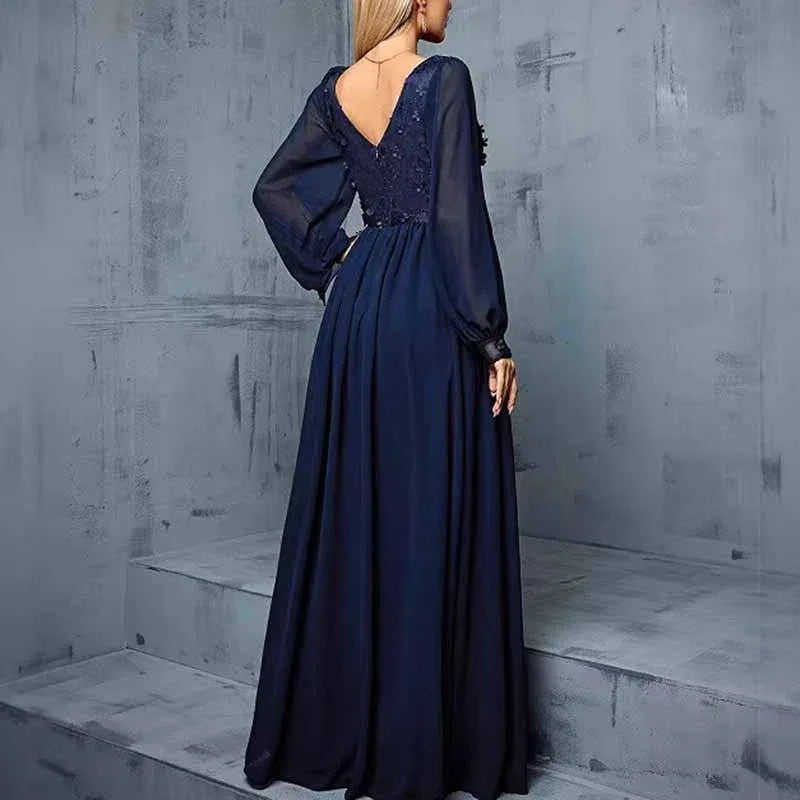Navy Blue V Neck Applique Maxi Dress Long Puff Sleeve Wedding Guest - Styeenigma