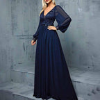 Navy Blue V Neck Applique Maxi Dress Long Puff Sleeve Wedding Guest - Styeenigma
