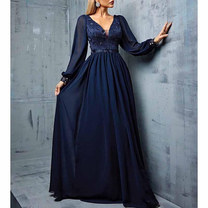 Navy Blue V Neck Applique Maxi Dress Long Puff Sleeve Wedding Guest - Styeenigma