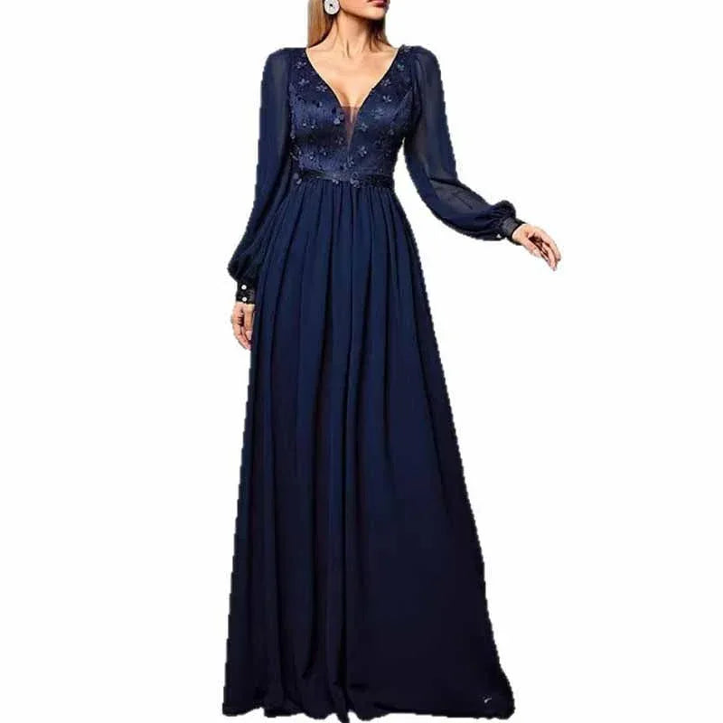Navy Blue V Neck Applique Maxi Dress Long Puff Sleeve Wedding Guest - Styeenigma
