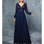 Navy Blue V Neck Applique Maxi Dress Long Puff Sleeve Wedding Guest - Styeenigma