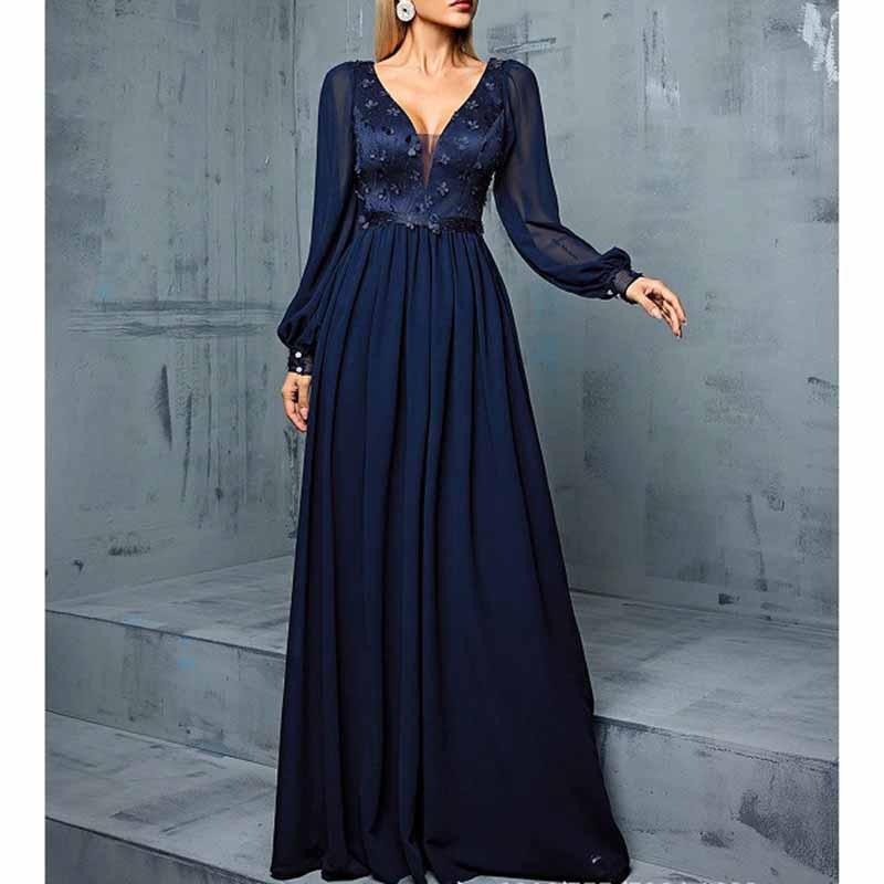 Navy Blue V Neck Applique Maxi Dress Long Puff Sleeve Wedding Guest - Styeenigma