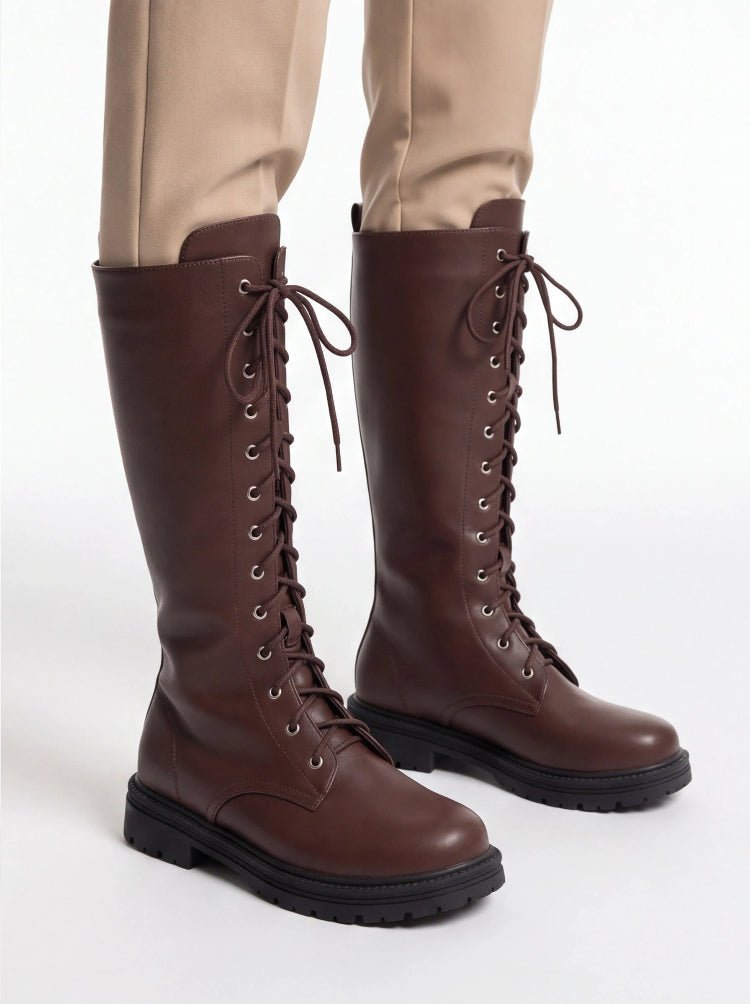Women's Lace-Up Knee High Boots Faux Leather Chunky Sole Combat Boots - Styeenigma