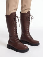 Women's Lace-Up Knee High Boots Faux Leather Chunky Sole Combat Boots - Styeenigma