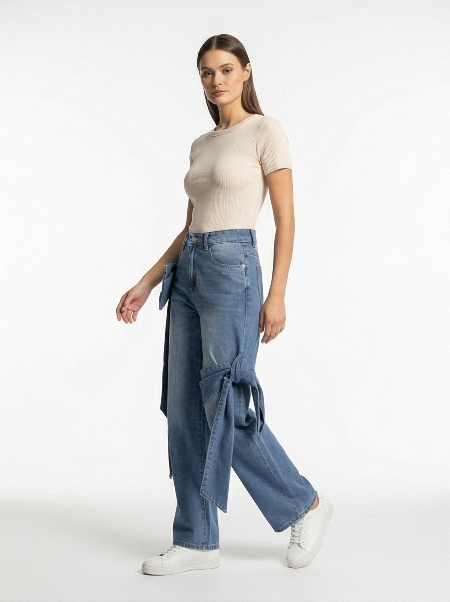 Woman wearing a beige top and blue jeans on a white background