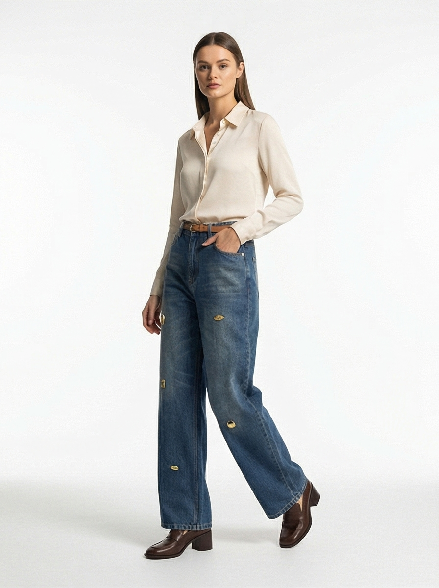 Woman wearing a beige shirt and blue jeans on a white background