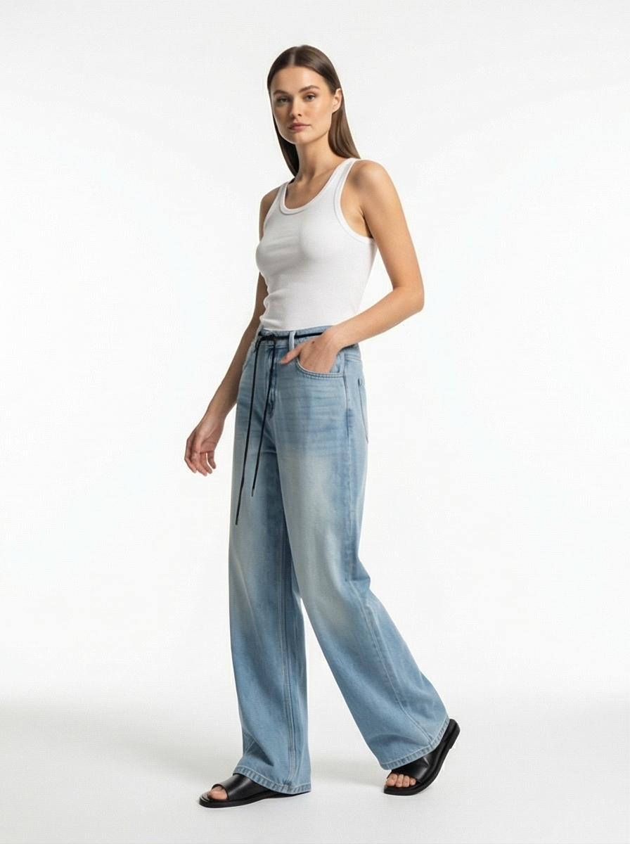 Woman wearing a white tank top and light blue jeans on a white background