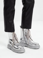 Silver Metallic Platform Boots Lace-Up Chunky Sole Martens Boots - Styeenigma
