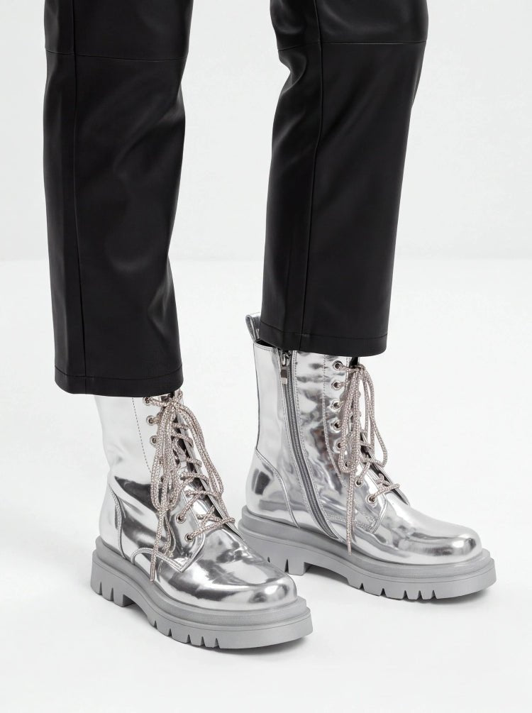 Silver Metallic Platform Boots Lace-Up Chunky Sole Martens Boots - Styeenigma