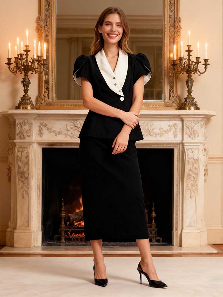 Sweet Style Women’s Two-Piece Set – V-Neck Top & Slimming Skirt Suit