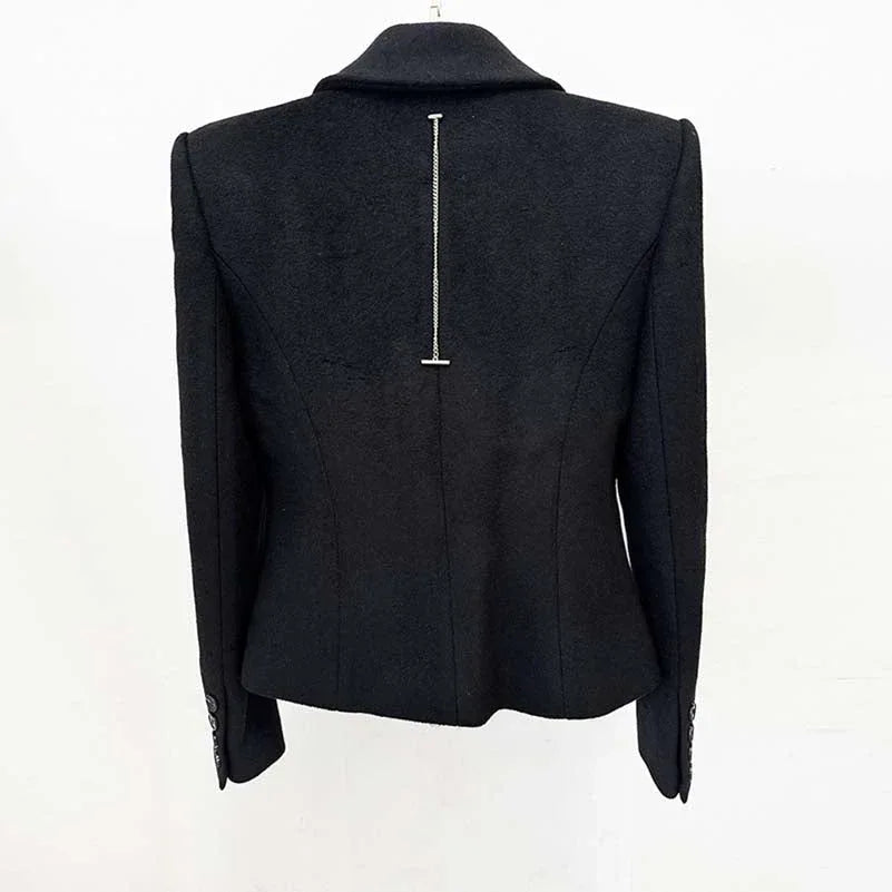 Double-Breasted Black Coat Wide Lapel Minimalist Style - Styeenigma