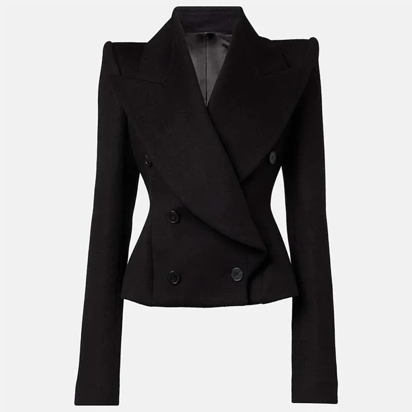 Double-Breasted Black Coat Wide Lapel Minimalist Style - Styeenigma