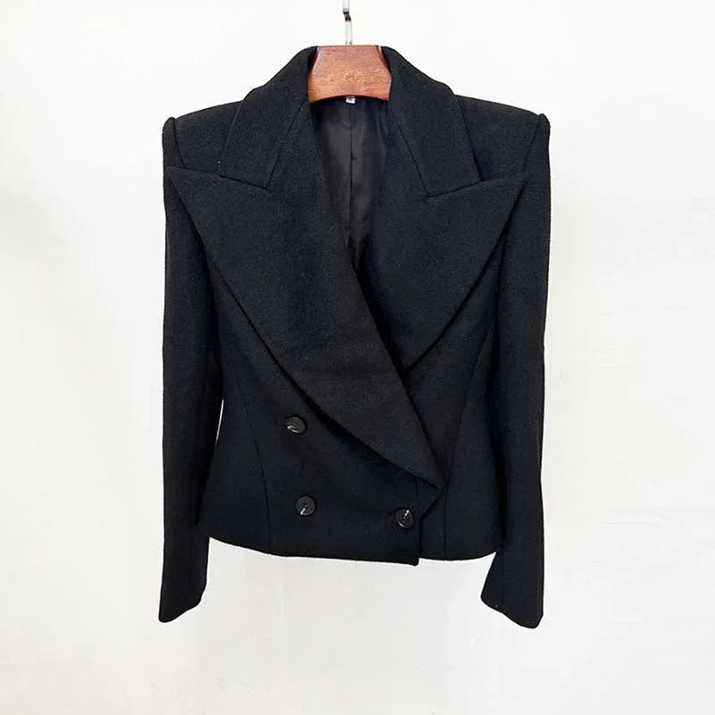 Double-Breasted Black Coat Wide Lapel Minimalist Style - Styeenigma