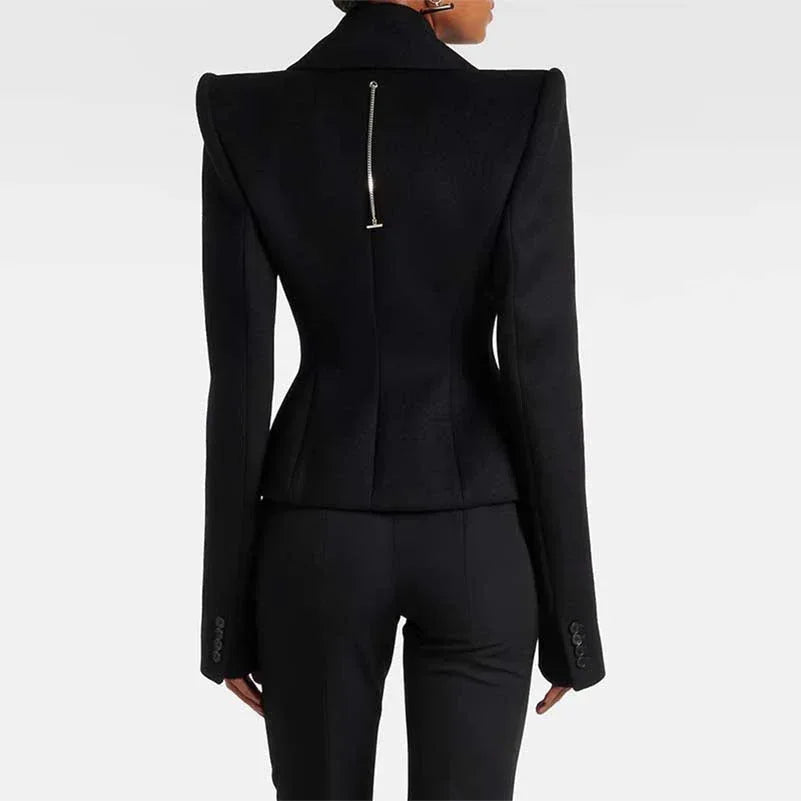 Double-Breasted Black Coat Wide Lapel Minimalist Style - Styeenigma