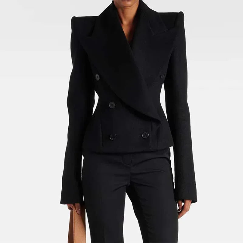 Double-Breasted Black Coat Wide Lapel Minimalist Style - Styeenigma