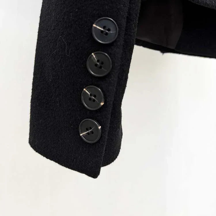 Double-Breasted Black Coat Wide Lapel Minimalist Style - Styeenigma