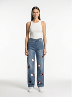 Straight-Leg High-Waist Denim Jeans – Hollow Heart Cut-Out Detail Pants