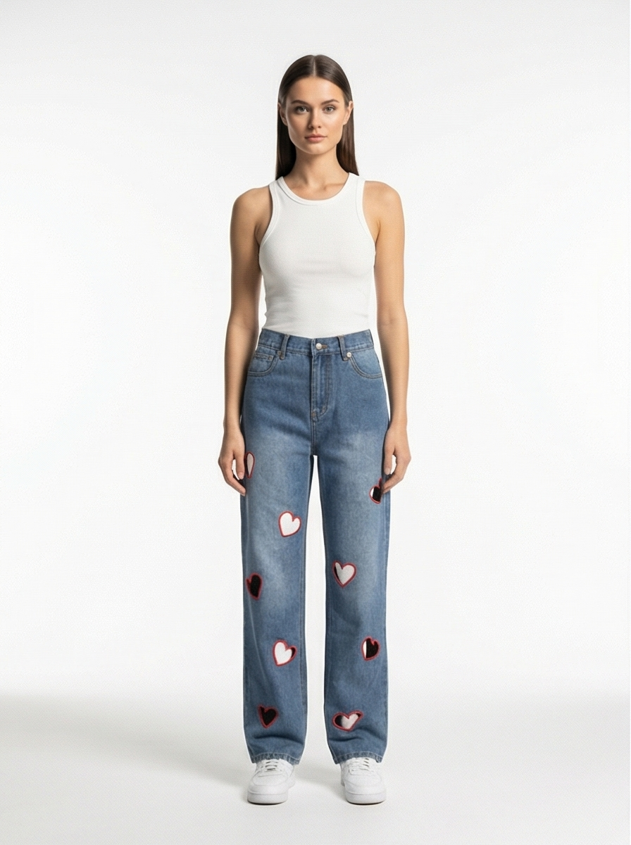 Straight-Leg High-Waist Denim Jeans – Hollow Heart Cut-Out Detail Pants