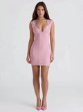 Bandage Bodycon Mini Dress – Deep V-Neck, Sleeveless, Ruched Textured Tight-Fit Party Dress