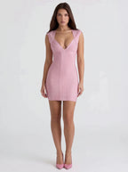 Bandage Bodycon Mini Dress – Deep V-Neck, Sleeveless, Ruched Textured Tight-Fit Party Dress