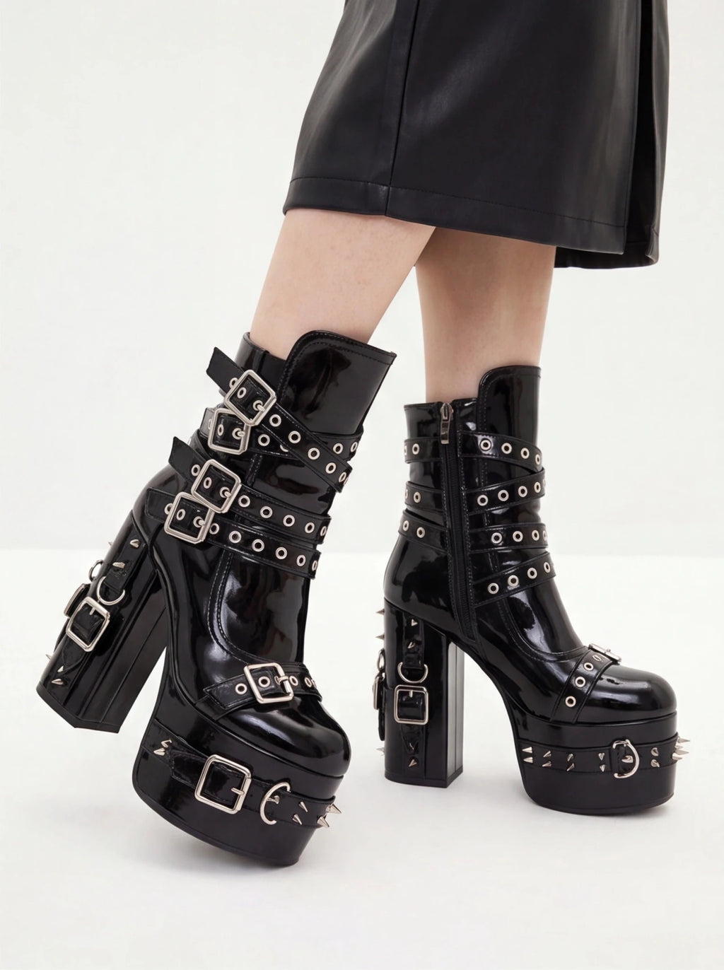 Gothic Studded Platform Buckle Boots – Patent Leather Chunky Heel Ankle Boots for Women - Styeenigma