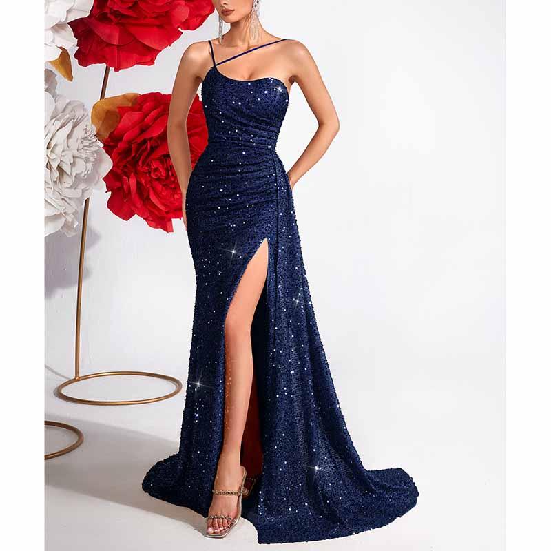 Sparkly One Shoulder Split Maxi Dress | Sequin Bodycon Gown - Styeenigma