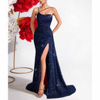 Sparkly One Shoulder Split Maxi Dress | Sequin Bodycon Gown - Styeenigma